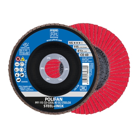 Pferd 4-1/2" x 7/8" A.H. POLIFAN Flap Disc - CO-COOL SG STEELOX, Ceramic oxide, 40 Grit, Flat 62597